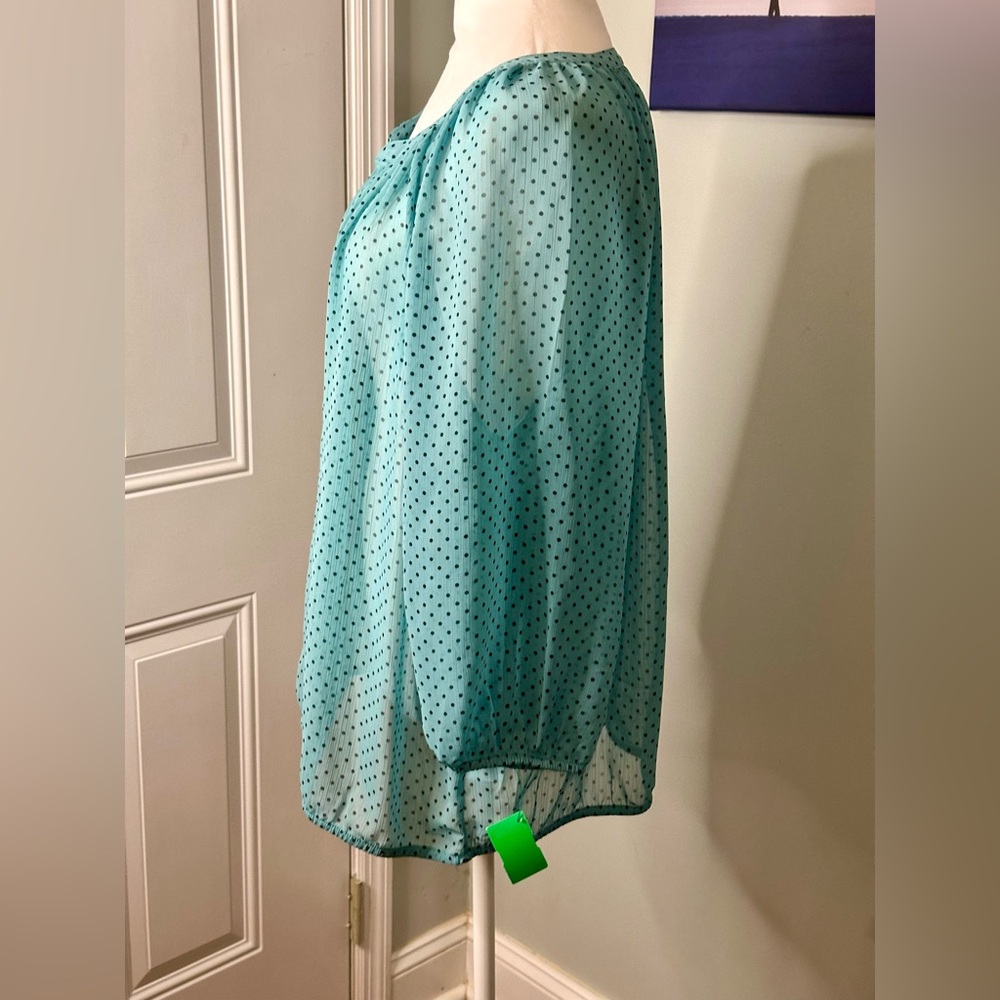 Liz Claiborne Sheer Teal Polka Dot Blouse - Picture 4 of 11
